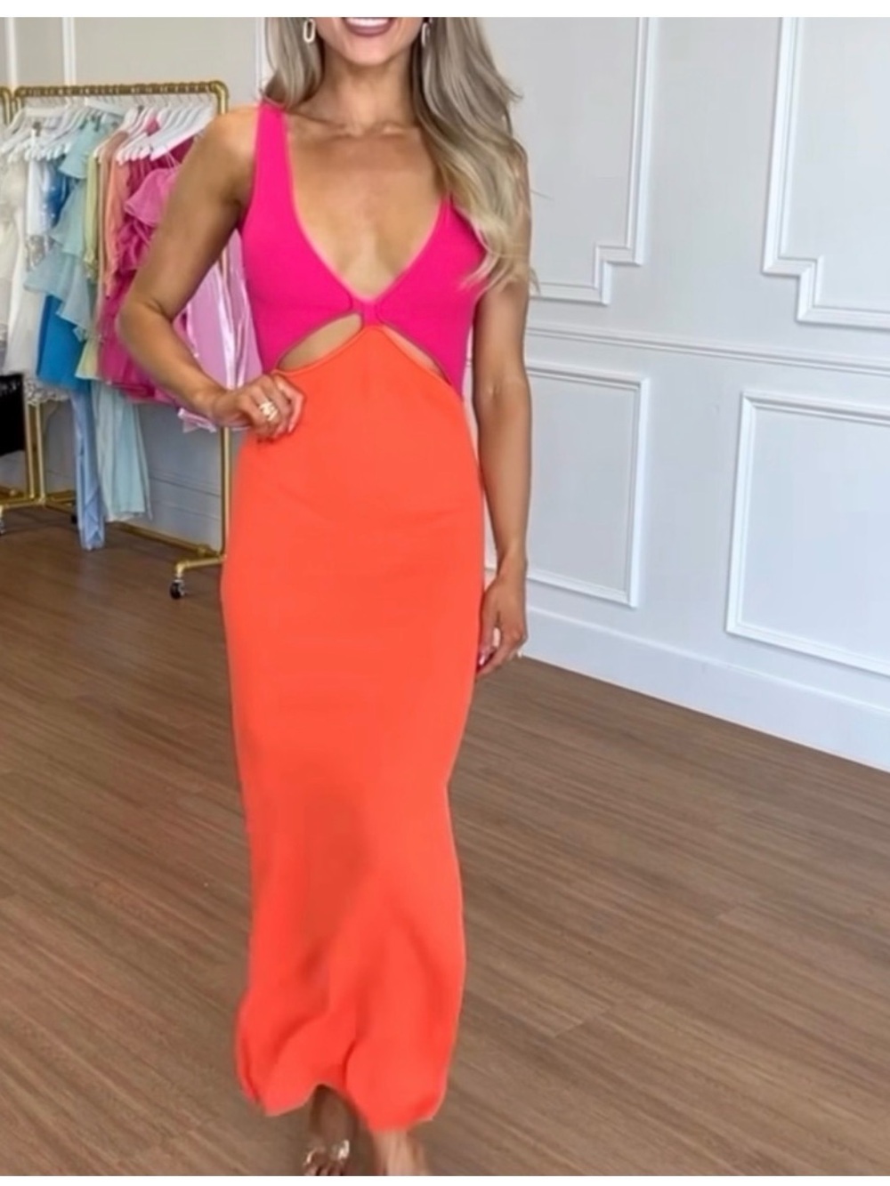 Colorblock Pink & Orange Cutout Maxi Dress